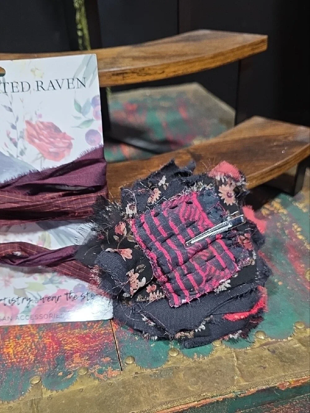 Artisan Women's Burgundy Wrap Scarf with Floral Accent -